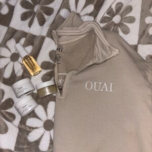 OUAI Tan Quarter-Zip Pullover and Skincare/Hair set